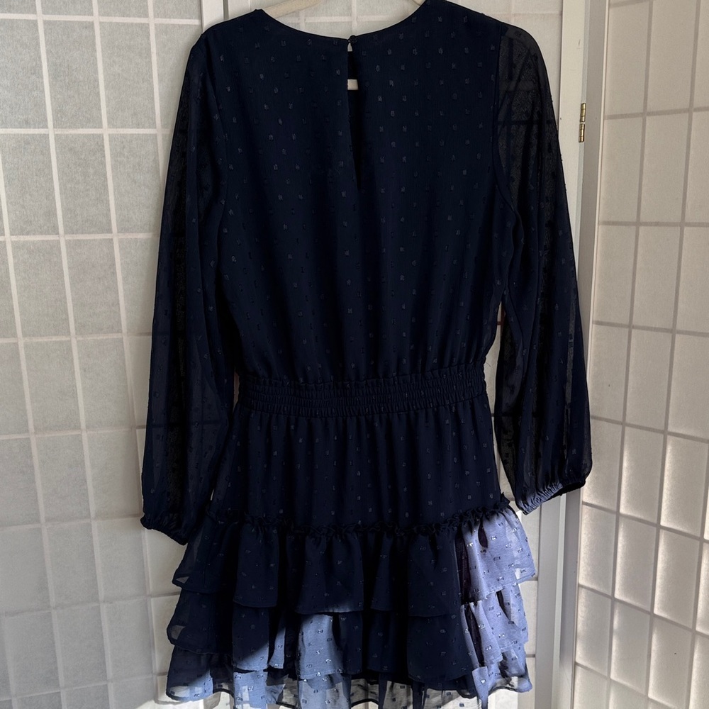 Express Clip Dot Tiered Smocked Waist Navy Dress - Picture 4 of 5